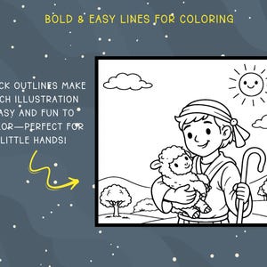 May include: Black and white illustration of a shepherd holding a lamb, with a smiling sun and clouds in the background. The image has thick outlines and the text "BOLD & EASY LINES FOR COLORING" and "THICK OUTLINES MAKE EACH ILLUSTRATION EASY AND FUN TO COLOR - PERFECT FOR LITTLE HANDS!"
