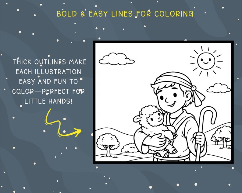 May include: Black and white illustration of a shepherd holding a lamb, with a smiling sun and clouds in the background. The image has thick outlines and the text "BOLD & EASY LINES FOR COLORING" and "THICK OUTLINES MAKE EACH ILLUSTRATION EASY AND FUN TO COLOR - PERFECT FOR LITTLE HANDS!"