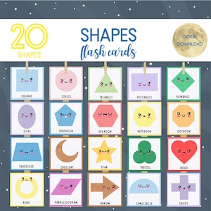 20 cartes-éclair de forme géométrique kawaii, Matériel préscolaire, Matériel imprimable pour l'école à la maison, Matériel Montessori, Cartes-éclair géométriques