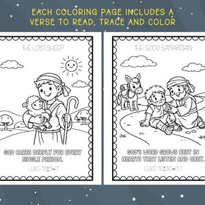 May include: Two black and white coloring pages with the text "Each coloring page includes a verse to read, trace and color." The first page is titled "The Lost Sheep" and the second page is titled "The Good Samaritan."