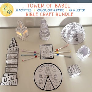 May include: A collection of Bible craft activities featuring the Tower of Babel. Includes cut-and-paste projects, coloring pages, and a variety of paper crafts. The bundle includes a lantern, a tower, and a circular design. The text on the image says "TOWER OF BABEL".