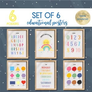 Set di 6 poster educativi, istruzione parentale, alfabeto e numeri, poster Montessori, sala giochi per bambini piccoli, cameretta arcobaleno, download digitale