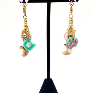 Whimsical Dangle Earrings: Teal Kitty, Paw Prints, Gold Chains