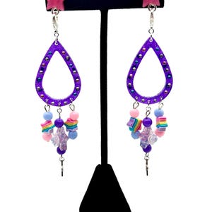 Purple Teardrop Dangle Earrings: Rhinestone Star Studs