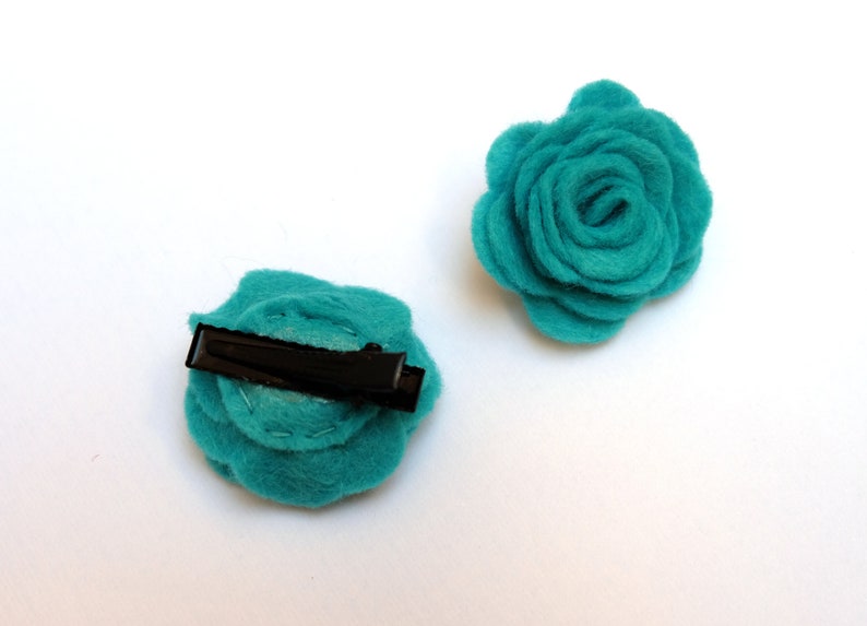Mini Hair Clip Alligator Clips Felt rose hairclips Flower snapclips Set of 2 Turquoise Felt Rose Hairclips- Floral Clips