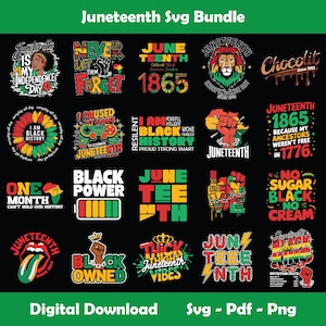 May include: A selection of Juneteenth-themed SVG designs. The designs feature text and graphics, including a sunflower, a fist, a lion, and the phrases "Black History" and "Black Power". Available as a digital download, these designs are in SVG, PDF, and PNG formats.