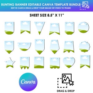 Bunting Banner Bundle Editable Canva Template, Flag Banners Canva Frames, Printable Birthday Garland, Drag & Drop, Blank Template, Wedding