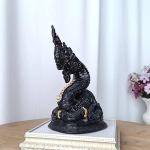 Naga Naka serpent statue. Naga handmade sculpture 8 inch.Black Naga.Black Naka