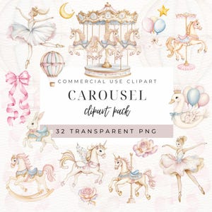 Karussell Aquarell Clipart, Baby-Dusche-Kunst, Kinderzimmer Dekor, Karneval Clipart, Geburtstagsparty PNG, Pony Clipart, digitaler Download