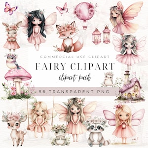 Pink Woodland Fairy Clipart, Cute Watercolor Pastel Fairies, Magical Garden Clipart, Digital Download, First Birthday, Baby Shower