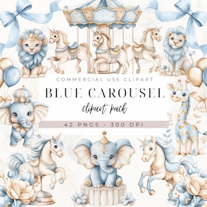 Clipart de acuarela de carrusel azul, lindo pony para baby shower, decoración infantil, descarga digital PNG, clipart de acuarela de carrusel