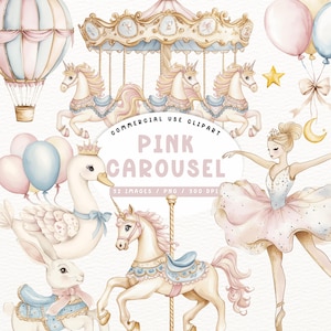Carousel Watercolor Clipart, Baby Shower Art, Nursery Decor, Carnival Clipart, Birthday Party PNG, Pony Clipart, Digital Download