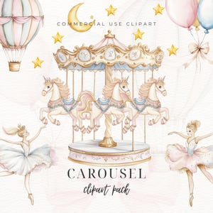 Carousel Watercolor Clipart, Baby Shower Art, Nursery Decor, Carnival Clipart, Birthday Party PNG, Pony Clipart, Digital Download