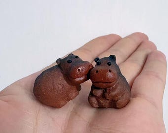 Miniaturas de hipopótamos em argila Zisha, feitas à mão, para decorar mesas, prateleiras e mesas de chá.