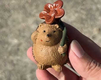 Mini Zisha Hedgehog Figurine with Flower, Woodland Animal Tea Pet