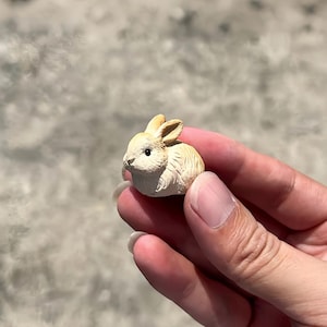 May include: A small, light tan figurine of a rabbit with textured fur details, pointed ears, and a dark eye. The miniature sculpture is crafted with realistic features, capturing the compact shape and soft appearance of a young bunny in a neutral tone.