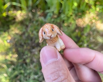 Mini Ceramic Lop Bunny Figurine • Tiny Hand-Painted Rabbit • Cute Desk Decor