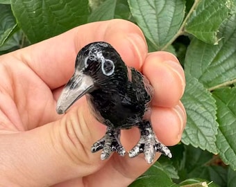 Mini Ceramic Crow Figurine, Black Bird Desk Decor, Gothic Raven Collectible