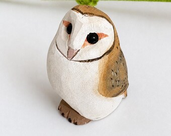 Mini Wooden Barn Owl Figurine – Hand Painted Owl Desk Decor