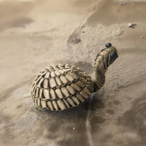 May include: A woven turtle ornament crafted from natural fibres. The turtle features a rounded shell, a long neck, and small black eyes. The figurine is light brown and rests on a sandy surface.