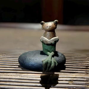 Puede incluir: Una figura de rana de bronce leyendo un libro, posada sobre una piedra azul oscuro. La rana lleva una prenda verde y tiene una apariencia detallada y texturizada. La figura se encuentra sobre un fondo borroso.
