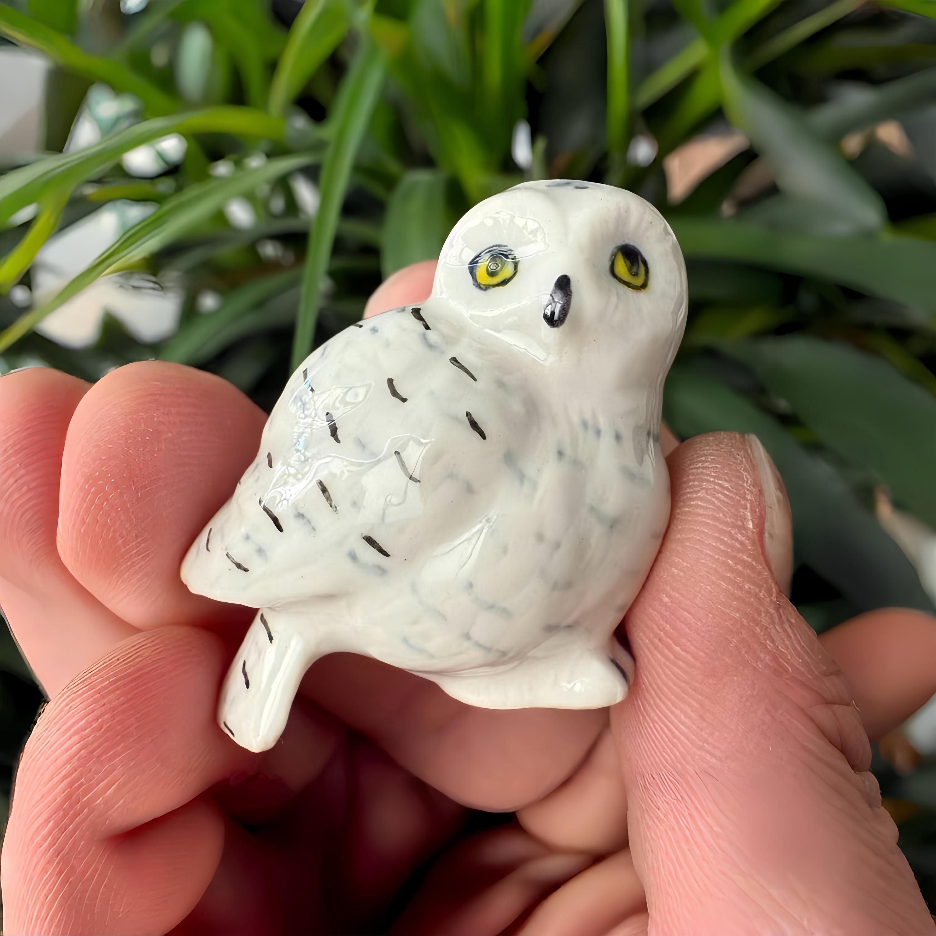 Handmade Ceramic Snowy Owl Figurine: Miniature Woodland Decor