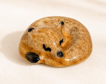 Mini Ceramic Sleeping Fox Figurine, Curled Woodland Desk Decor
