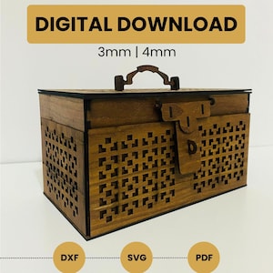 Könnte beinhalten: Eine Holzkiste mit Griff und Riegel, mit einem dekorativen quadratischen Muster an den Seiten. Der Text "DIGITAL DOWNLOAD" wird über der Box angezeigt, darunter "3mm | 4mm". Die Box ist für den digitalen Download in den Formaten DXF, SVG und PDF konzipiert.
