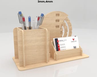 Pencil Holder with Perpetual Calendar & Card Holder SVG Laser Cut File, Desk Organizer, Office Decor