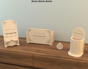 Organizadores de escritorio SVG cortados con láser, soportes para tarjetas de presentación, lápices y teléfonos.