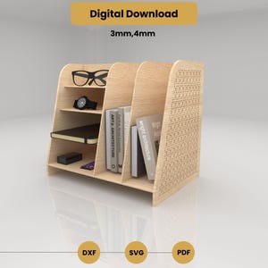 May include: A light-coloured wooden desk organiser with multiple compartments. The organiser holds books, a notebook, a watch, glasses, and other small items. The top of the image reads "Digital Download" and "3mm,4mm".