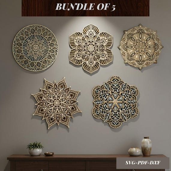 Mandala Wall Art Bundle SVG | 5 Layered Designs Files | Laser Cut Wooden Decor