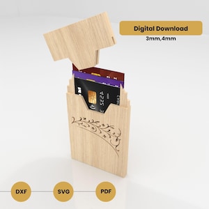 May include: A wooden card holder with a decorative floral design, holding several credit cards. The top of the holder is open. The text "Digital Download 3mm,4mm" is visible. Also, the image contains the text "DXF", "SVG", and "PDF".