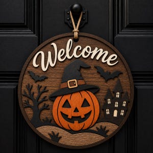 May include: A round wooden door sign featuring the word Welcome in cream script. The design includes a central orange jack-o'-lantern wearing a black witch hat, a black haunted house, a bare tree, and two bats, all suspended by a tan rope.