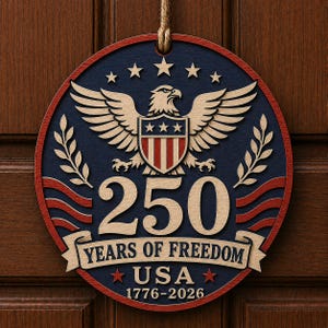 May include: A circular wooden wall hanging featuring a layered design with a central bald eagle, a shield, and the text 250 YEARS OF FREEDOM USA 1776-2026. The piece is colored in red, white, and blue, suspended by a thick jute rope from the top center.