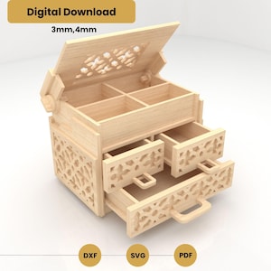 May include: A light-coloured wooden jewellery box with an open lid and two drawers. The box has decorative cut-out patterns on the sides and drawers. The top compartment has dividers. The text "Digital Download" and "3mm,4mm" are visible. The box is measured in millimetres.