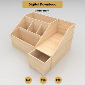 May include: A light-colored wooden desk organizer with multiple compartments and a small drawer. The text "Digital Download" and "3mm,4mm" are displayed at the top. The bottom of the image shows the file types: DXF, SVG, and PDF.