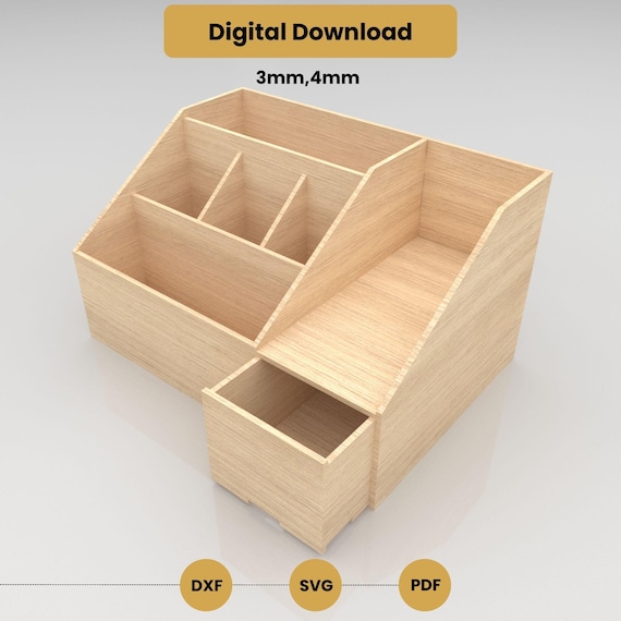 Desk Organizer Laser Cutting Svg Files | Desktop Storage Unit  DXF PDF | Wooden Office Organizer CNC | 3mm 4mm
