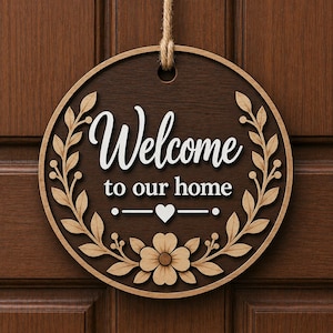 May include: A round wooden sign with the words "Welcome to our home" in white script. The sign is decorated with a floral and leaf design in light brown and is hanging from a natural rope.