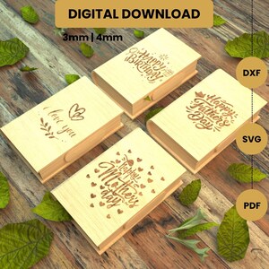 May include: Four wooden boxes with engraved messages for special occasions. One says "I love you," another "Happy Birthday," a third "Happy Father's Day," and the last "Happy Mother's Day." The boxes are surrounded by green leaves and the text "DIGITAL DOWNLOAD."