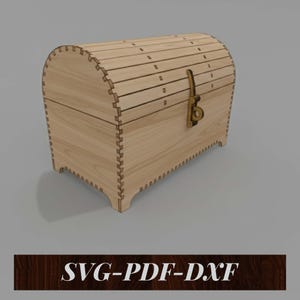May include: A light-coloured wooden chest with a curved top and a metal clasp. The chest is constructed from multiple wooden slats and has a decorative design. The text "SVG-PDF-DXF" is displayed on a dark brown background.