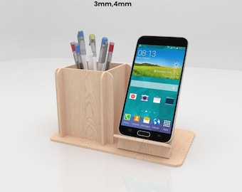 Phone Stand and Pencil Holder SVG Laser Cut File, Desk Organizer Digital Design, Multi-Purpose Office Accessory