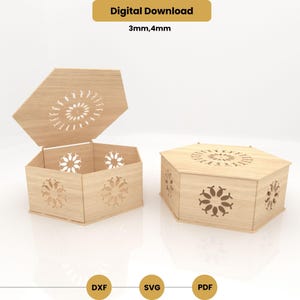 May include: Two wooden hexagonal boxes with floral cutouts. One box is open, revealing the interior, while the other is closed. The boxes are light brown and feature decorative floral patterns on the lid and sides. The image includes the text "Digital Download".