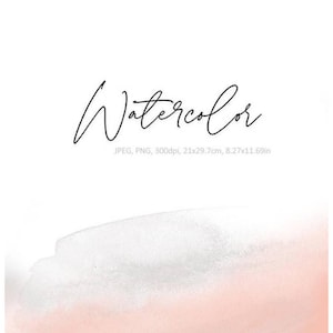 Puede incluir: Impresión de arte digital con la palabra "Watercolor" en escritura cursiva. El diseño presenta un suave lavado de acuarela abstracto en tonos blancos y melocotón, con dimensiones de 21x29,7 cm.