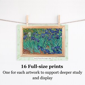Puede incluir: Una impresi&oacute;n enmarcada de "Lirios" de Vincent Van Gogh (c. 1889) con lirios azules y follaje verde. La impresi&oacute;n se muestra con un borde verde claro y el texto "16 impresiones de tama&ntilde;o completo" y "Una para cada obra de arte para apoyar un estudio y una exhibici&oacute;n m&aacute;s profundos".