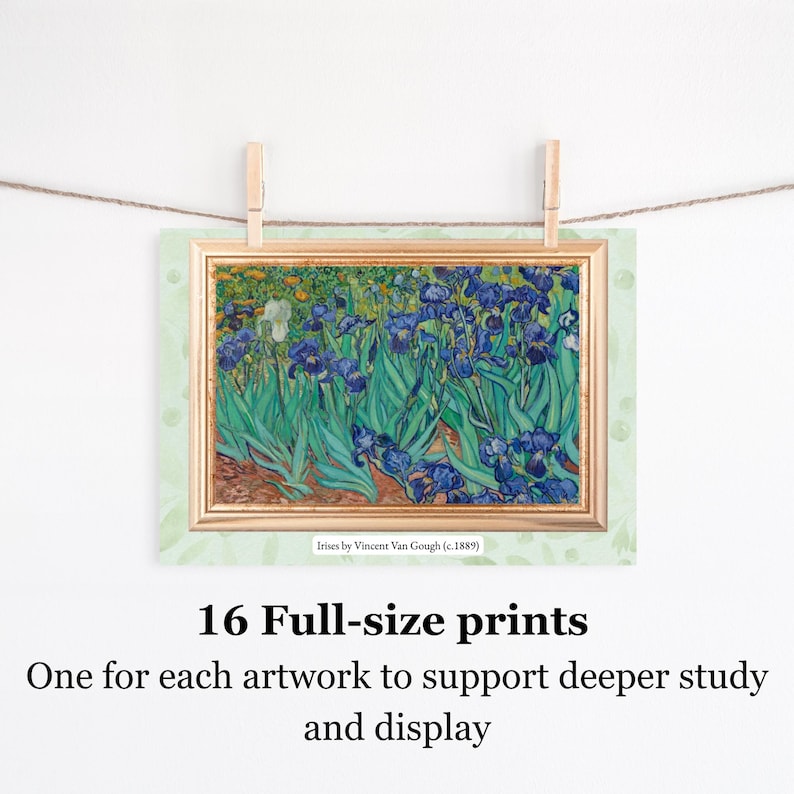 Puede incluir: Una impresi&oacute;n enmarcada de "Lirios" de Vincent Van Gogh (c. 1889) con lirios azules y follaje verde. La impresi&oacute;n se muestra con un borde verde claro y el texto "16 impresiones de tama&ntilde;o completo" y "Una para cada obra de arte para apoyar un estudio y una exhibici&oacute;n m&aacute;s profundos".