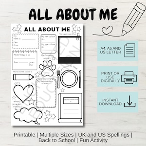 以下が含まれることがあります： 「All About Me」の白黒印刷可能なワークシート。個人の詳細を記入するセクションがあります。鉛筆、ハート、星、雲のイラストが含まれています。「印刷可能」、「学校に戻る」と「即時ダウンロード」のテキストが含まれています。