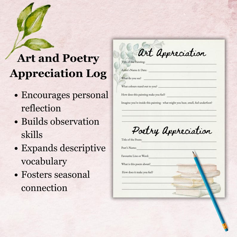 Puede incluir: Un registro de apreciaci&oacute;n de arte y poes&iacute;a con indicaciones para la reflexi&oacute;n y la observaci&oacute;n. El registro incluye secciones para arte y poes&iacute;a, con espacio para registrar pensamientos y sentimientos. Un l&aacute;piz descansa sobre libros.