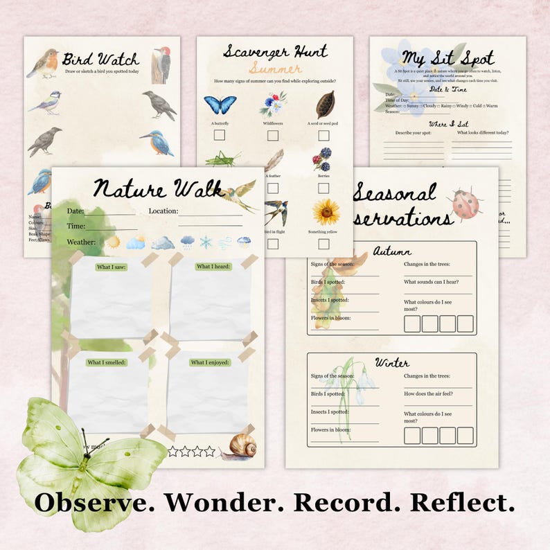 May include: A collection of nature-themed printable activity sheets. Includes pages for bird watching, scavenger hunts, nature walks, and seasonal observations. Features illustrations of birds, insects, and plants, with space for notes and drawings.