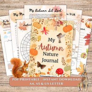Könnte beinhalten: Eine Sammlung druckbarer Herbst-Themen-Journalseiten. Das zentrale Journalcover zeigt den Text "My Autumn Nature Journal" mit Illustrationen von Kürbissen, Blättern, einem Eichhörnchen und einem Schmetterling. Das Journal ist in A4, A5 und US Letter erhältlich.